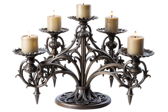 Ornate gothic candelabra with lit candles isolated on a black background for dramatic ambiance transparent background