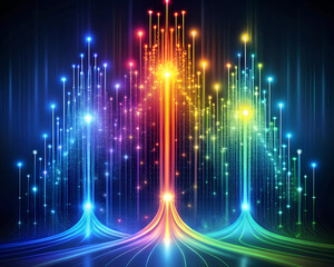 Abstract network of colorful glowing lines and light trails on a dark background