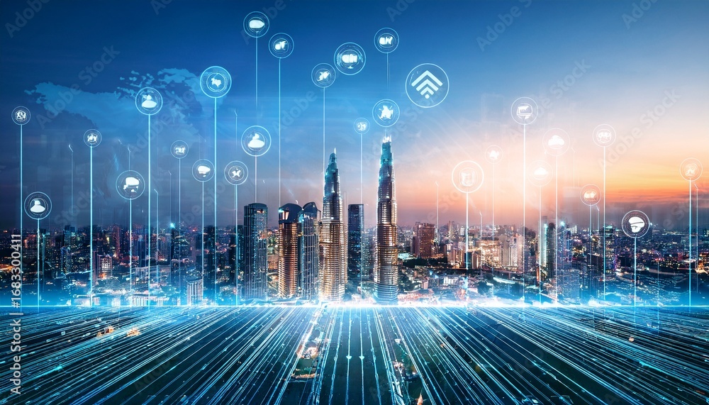 Aufkleber a modern urban skyline with smart city infrastructure including iot sensors and high speed data netw