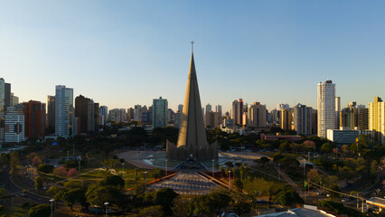 Aerial View of Maringa, Cathedral and downtown. Several buildings.