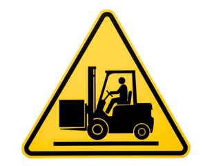 Yellow warning triangle with forklift symbol isolated on transparent background