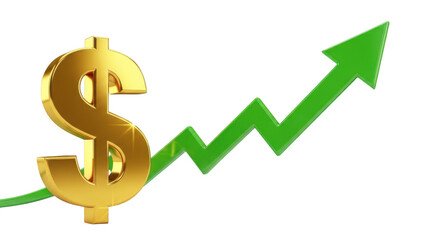 Golden Dollar Sign with Green Upward Trend Arrow money finance isolated on a transparent background