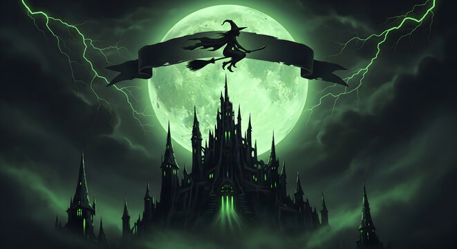 Dark fantasy castle under a glowing moon with stormy lightning eerie supernatural atmosphere gothic architecture mysterious silhouette and ominous night sky
