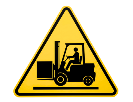 Yellow warning triangle with forklift symbol isolated on transparent background