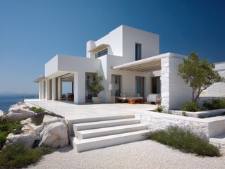 A large white house with a white roof and a white exterior. The house has a large patio with a white stone wall and a white stone walkway. There are several potted plants and a tree in the yard