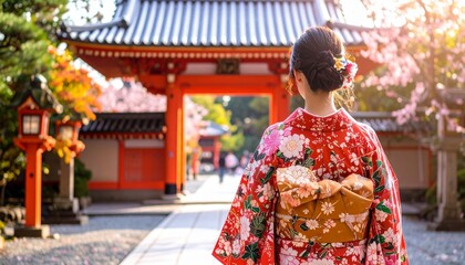 Woman in Traditional Kimono at Japanese Temple