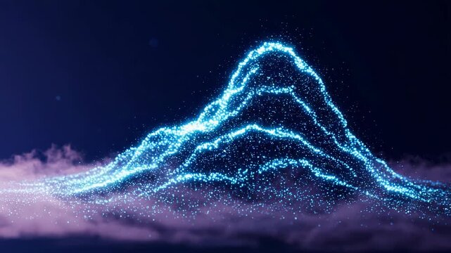 A glowing abstract digital mountain made of blue light particles and dots, floating in a dark blue misty atmosphere