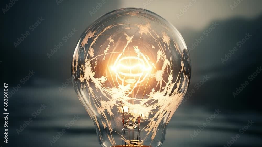 Poster illuminated lightbulb with intricate filament design against a blurred background in close up view
