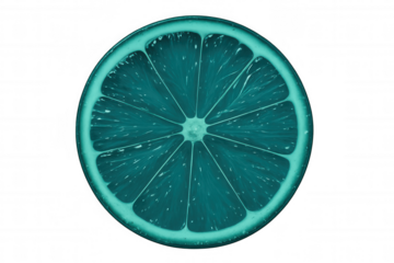 Teal lemon slice casting translucent shadow, highlighting intricate citrus membrane with vibrant cool-toned hue