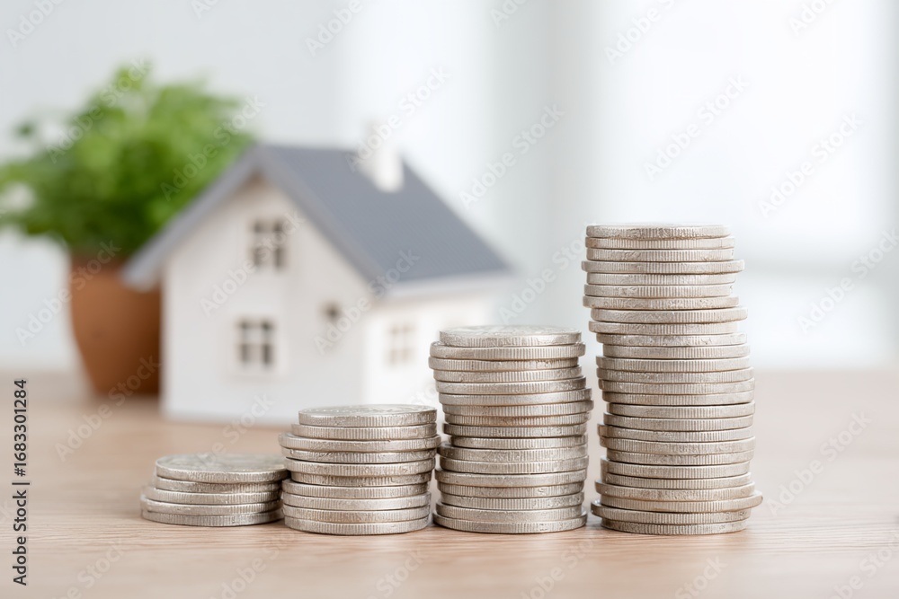 Poster stack of coins on a table in front of a house