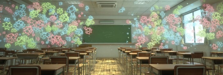 A classroom filled with wooden desks and chairs is enhanced by vibrant, colorful molecular structures floating through the air, creating an engaging atmosphere.
