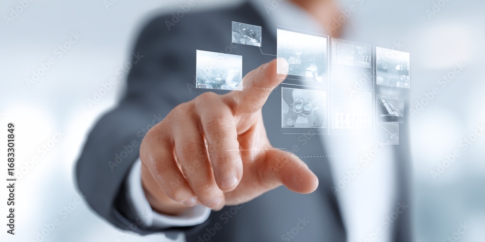 Poster man is pointing at a screen with a picture of a hand