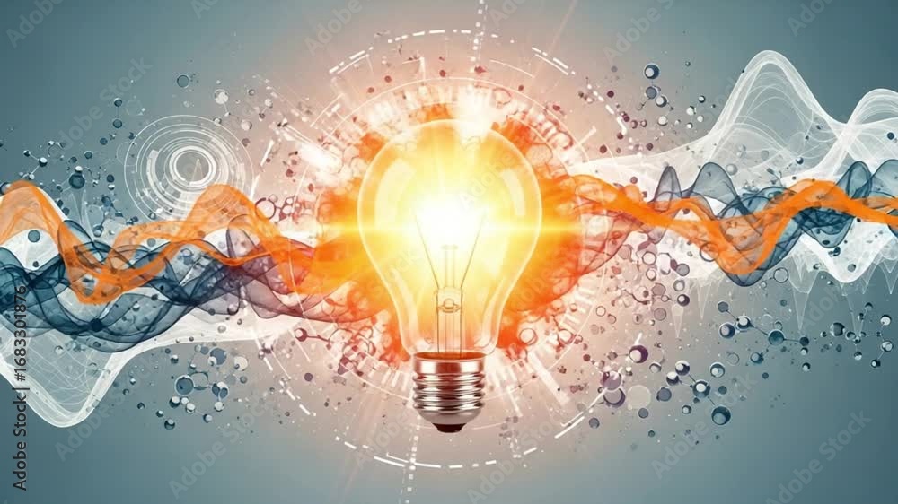 Poster a glowing lightbulb surrounded by orange and blue waves with molecule like structures around it