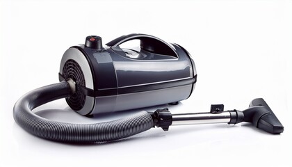 a canister vacuum cleaner with hose and wand isolated on white background