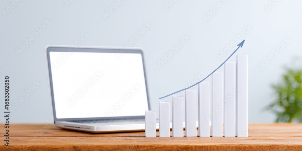 Poster laptop is on a table with a graph of a line going up