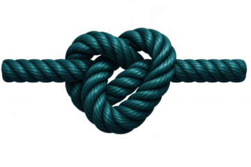 Teal nautical rope knotted into heart-shaped love symbol, symbolizing romantic connection against clean transparent backdrop