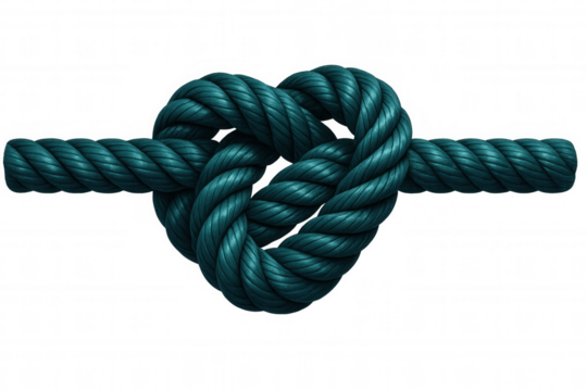Teal nautical rope knotted into heart-shaped love symbol, symbolizing romantic connection against clean transparent backdrop