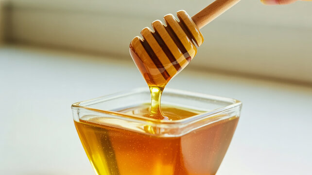 Golden honey drips from a wooden dipper into a clear glass bowl, creating a sweet, natural indulgence. - Powered by Adobe