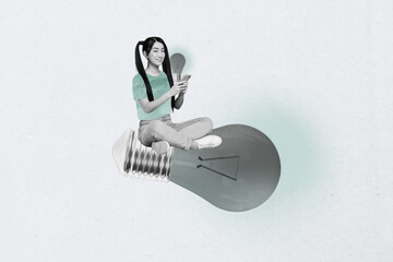 Picture pop collage of person use phone sit lightbulb on grey background