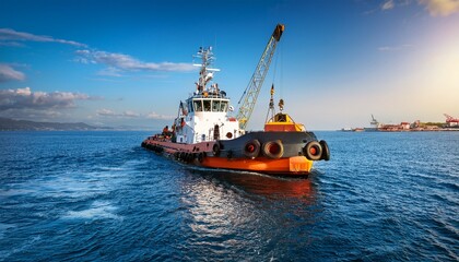 Fototapeta premium multi purpose tugboat with a crane on the aft deck and towing bitts