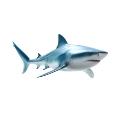 Naklejka premium Isolated image of a large shark with blue and white coloring swimming on a black background space