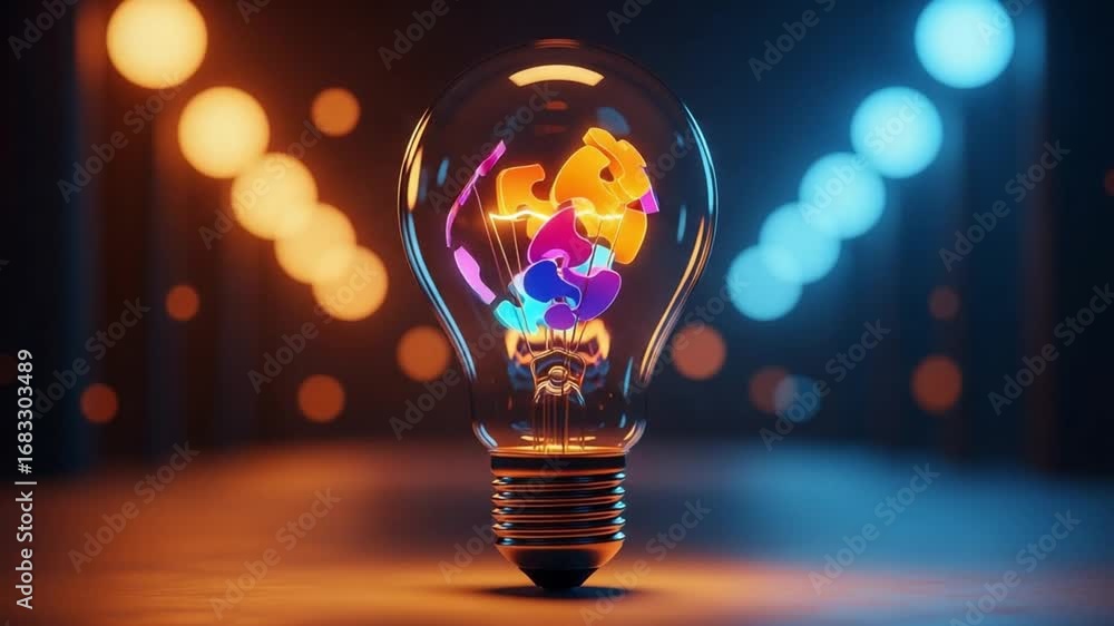 Poster a lightbulb with a colorful brain inside illuminated on a blurred background of bokeh lights