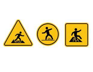 Three yellow warning signs depicting people walking on uneven terrain isolated on transparent background