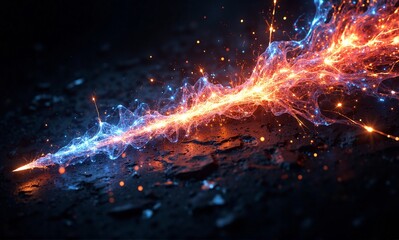 A vibrant, luminous energy stream with blue and orange light, emitting sparks over a dark, textured surface.