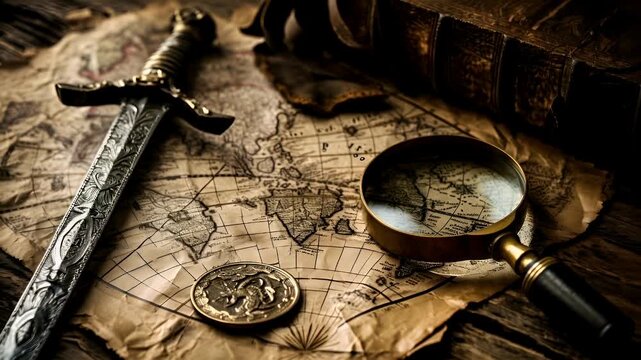 A detailed, closeup shot of a sword and a coin on a map. The sword is ornate, with intricate patterns and a silver hilt. The coin is round with a detailed design.