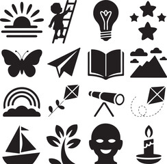 Collection of icons representing childhood dreams and imagination sunrise ladder