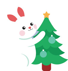 Cute White Rabbit Decorating a Christmas Tree with Ornaments and a Star