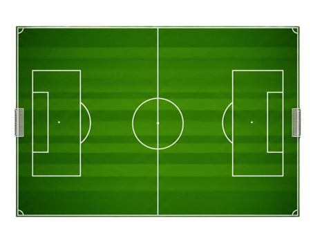 Top view of a green soccer field with white markings isolated on transparent background