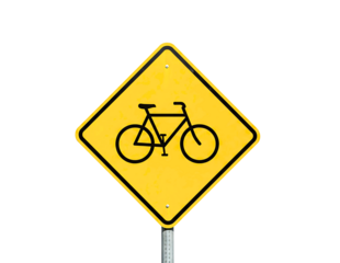 Yellow diamond bicycle warning sign isolated on transparent background