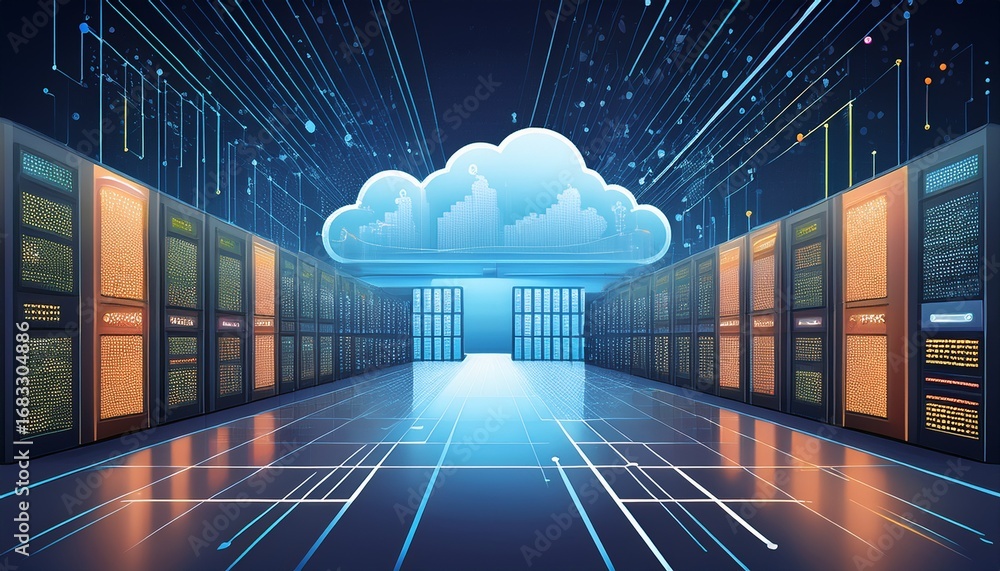 Aufkleber modern data center with cloud technology and analytics visualization