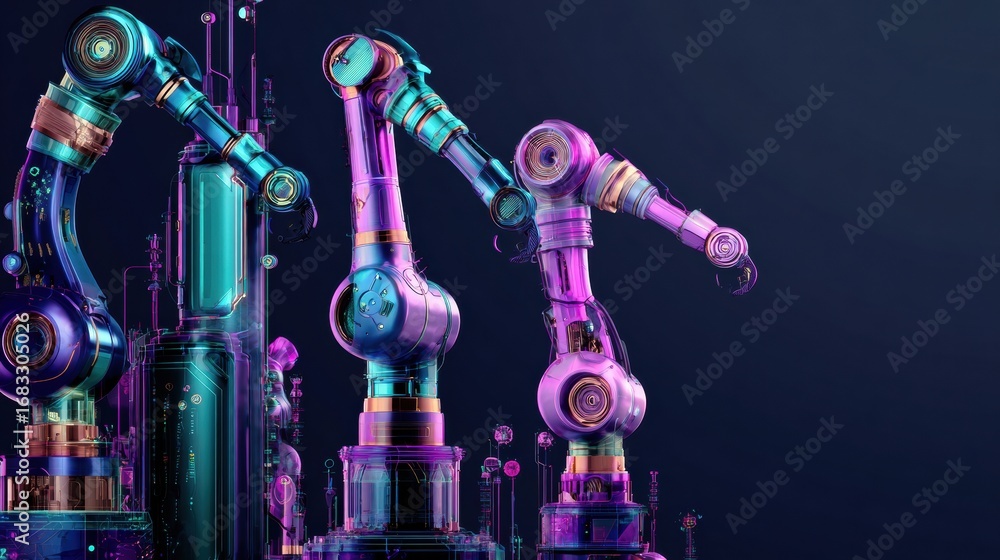 Poster dynamic robotic arms exhibit complex engineering and design, set against a sleek backdrop that empha