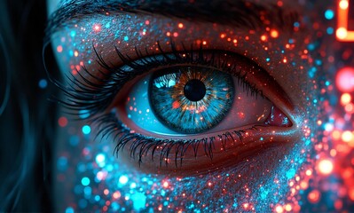 A close-up of a human eye sparkling with vibrant blue and red luminous particles, creating a dazzling, cosmic effect.