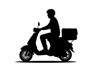 Silhouette of a delivery person on a scooter isolated on transparent background