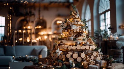 Sustainable Christmas Tree Made from Logs with Natural Eco-Friendly Decorations