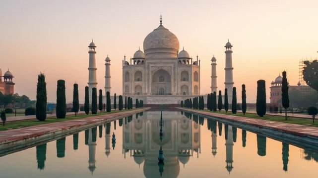 Taj Mahal reflection in water at sunrise
