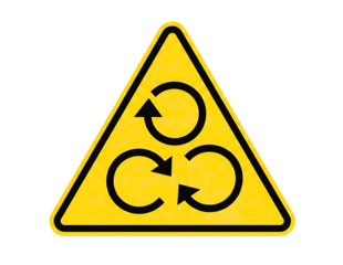 Yellow warning triangle with three rotating arrows symbol isolated on transparent background