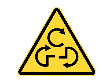 Yellow warning triangle with three rotating arrows symbol isolated on transparent background