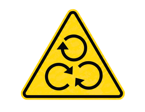 Yellow warning triangle with three rotating arrows symbol isolated on transparent background
