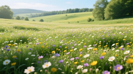 Lush meadow bursts with wildflowers under a gentle sunlight © Rkalina