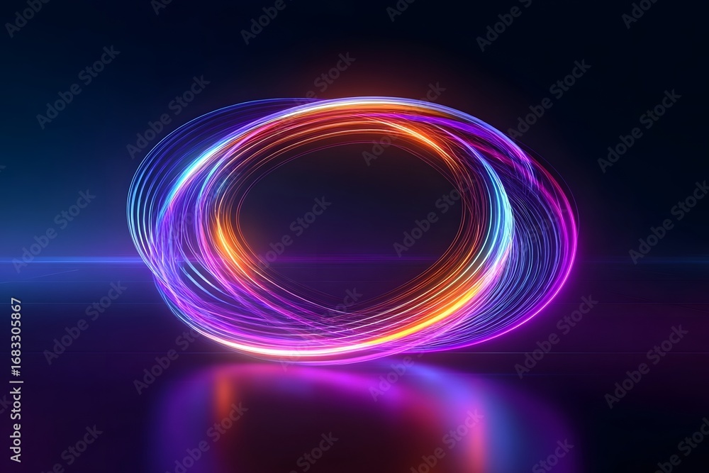 Wall mural abstract background with neon glowing lines forming the shape of two intertwined rings, creating an 