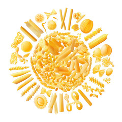 Variety of dry pasta types arranged in a circular composition