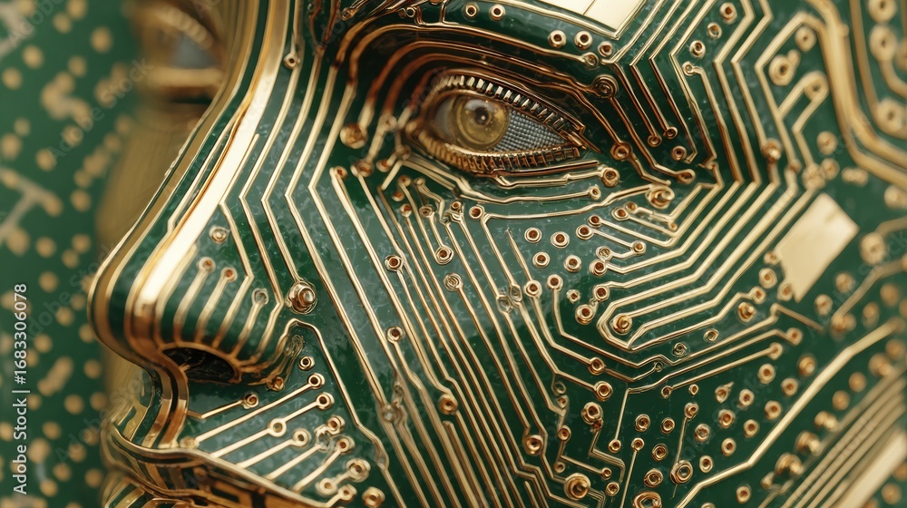 Aufkleber close-up view of a robotic face adorned with gold and green circuitry, highlighting technological cr