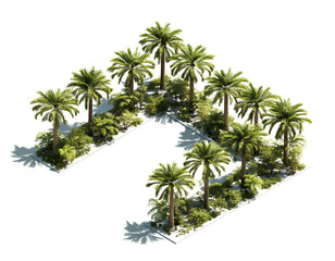 Palm tree crowns with radiating green fronds, circular layout, isolated on a transparent background, PNG