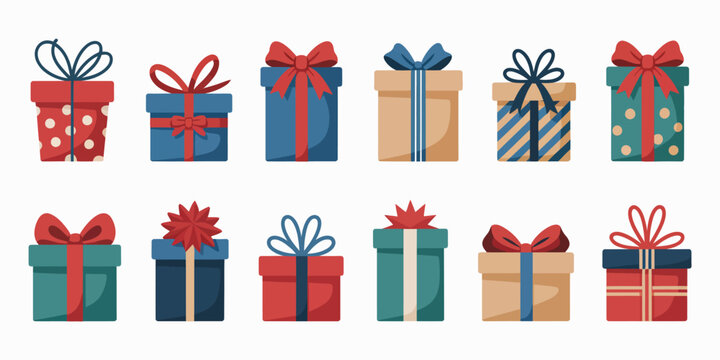Christmas Gifts – New Year Presents and Holiday Gift Boxes with Ribbons, Flat Style Seasonal Illustration for Celebration, Greeting Card, and Festive Decoration Design