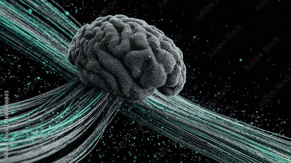 Poster a brain model placed amid dynamic data streams, showcasing the intersection of neuroscience and tech