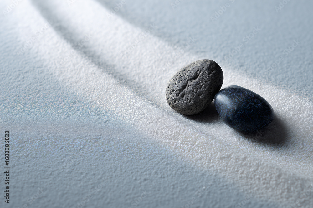 Poster two smooth stones resting in a zen garden, embodying serenity and mindfulness. the shadows cast crea